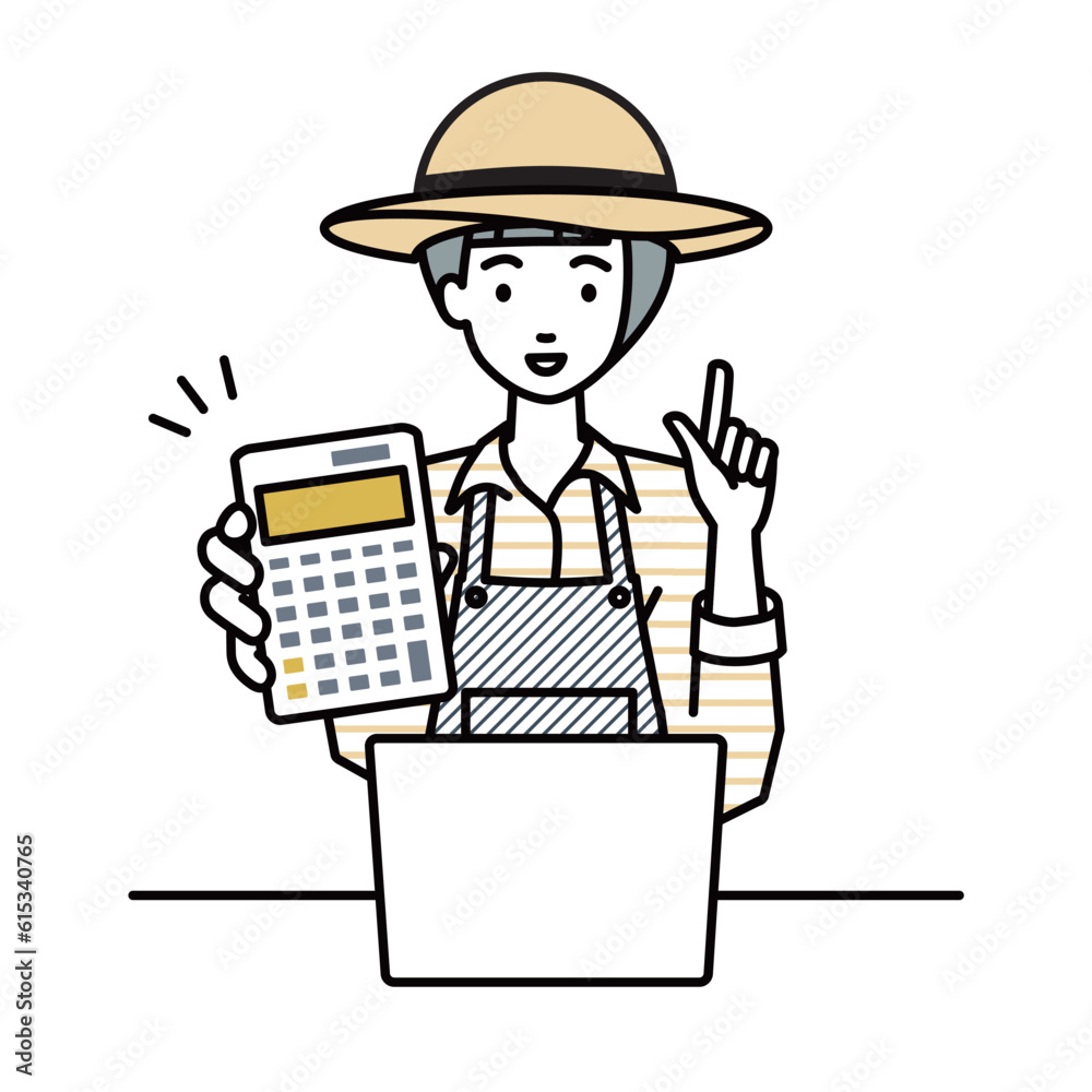 座ってデスクでノートPCを開いて電卓を持ってこちらに向けて見せている農家の女性