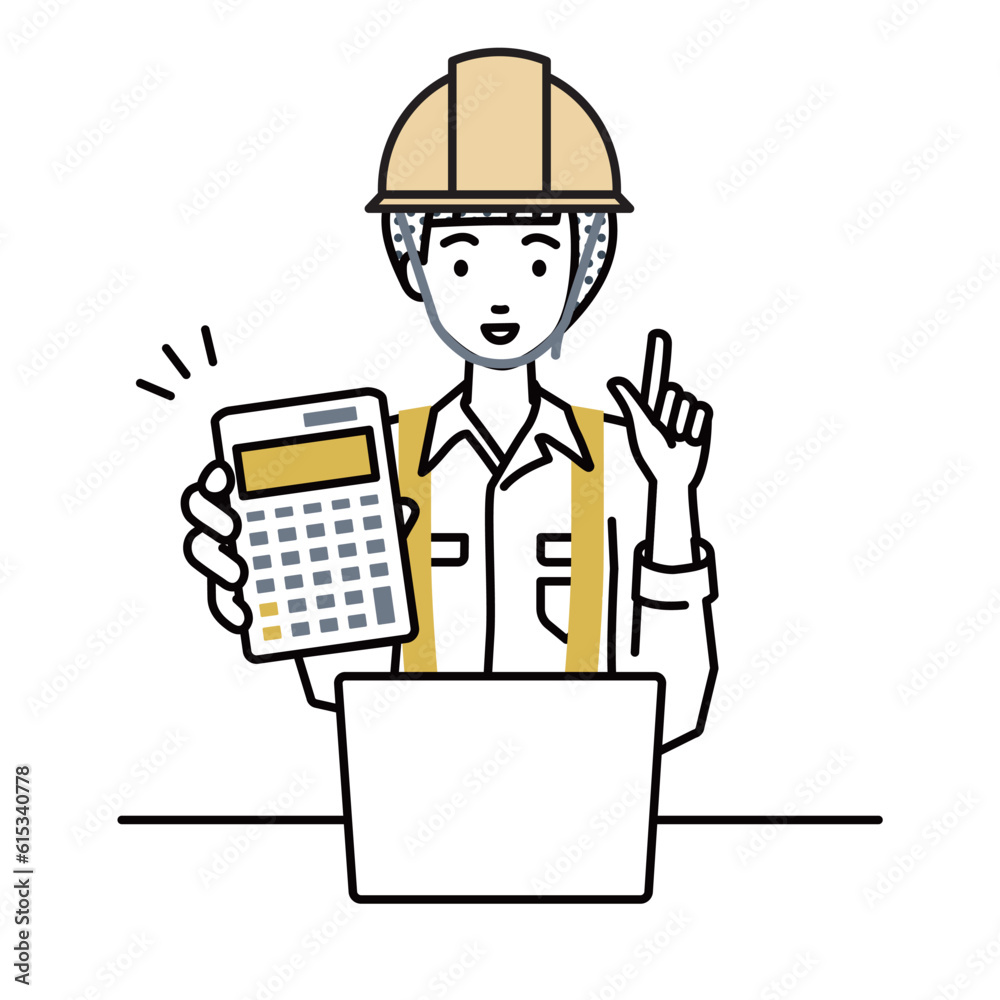 座ってデスクでノートPCを開いて電卓を持ってこちらに向けて見せている工事現場の女性