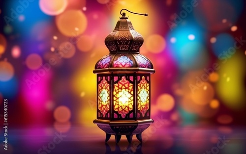 Islamic lantern with colorful background, Generative Ai © Flowstudio