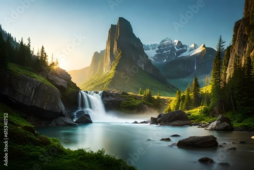 A majestic waterfall cascading down a rocky cliff, surrounded by lush vegetation and misty spray.