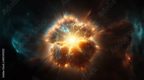 View of the birth of a star in space during a nebula explosion. Nuclear fusion of cosmic clouds of gas and dusts. Universe background. Generative ai