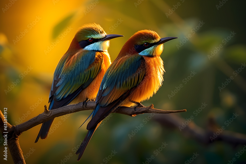 Obraz premium Merops apiasters in the evening sun. This image captures the elegance and grace of these European Bee-eaters as they glide through the golden-tinged sky. Generative AI