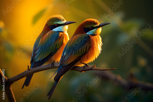 Merops apiasters in the evening sun. This image captures the elegance and grace of these European Bee-eaters as they glide through the golden-tinged sky. Generative AI
