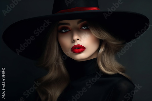 Beautiful woman in a black broad-brim hat with red lips