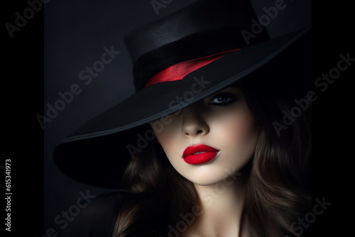 Beautiful woman in a black broad-brim hat with red lips