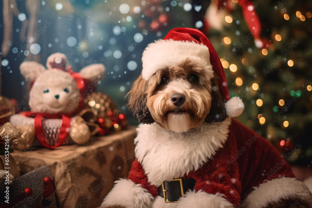 Dressed in a festive Santa outfit, this adorable dog is ready to bring joy and laughter to your holiday season, Christmas. Generative AI Dressed in a festive Santa outfit, this adorable dog is ready to bring joy and laughter to your holiday season, Christmas. Generative AI