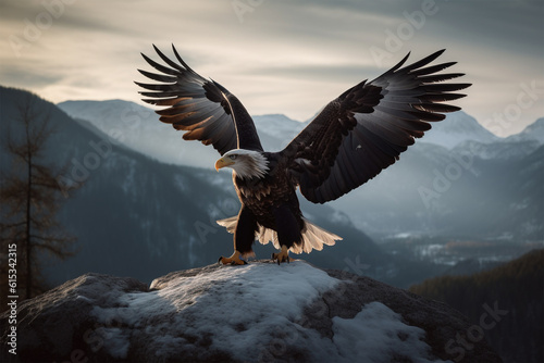 Generaive AI. an eagle spreading its wings over the mountain