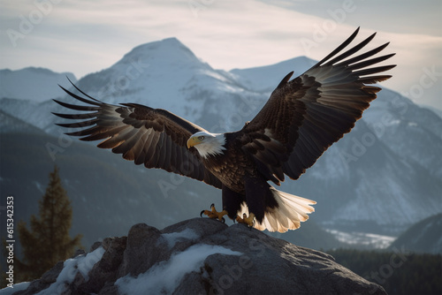 Generaive AI. an eagle spreading its wings over the mountain