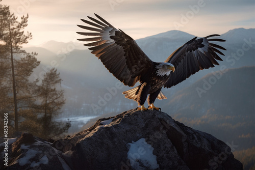 Generaive AI. an eagle spreading its wings over the mountain