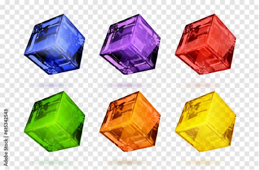 Naklejka premium 3d color glass cube box vector graphic design set. Glossy crystal square block in blue, red, orange and purple design. Abstract cool clear shiny geometric object isolated on transparent background