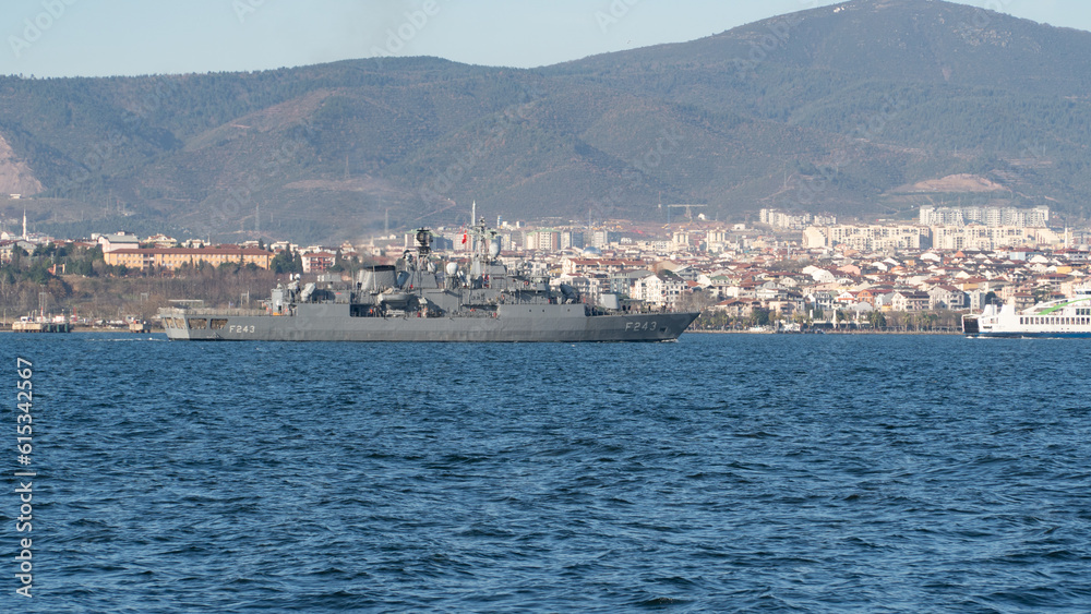 Turkish battleship. TCG Fatih (F-242) frigate patrol in Gulf of Izmit. Turkish naval force. Kocaeli, Turkey, June 21, 2023.