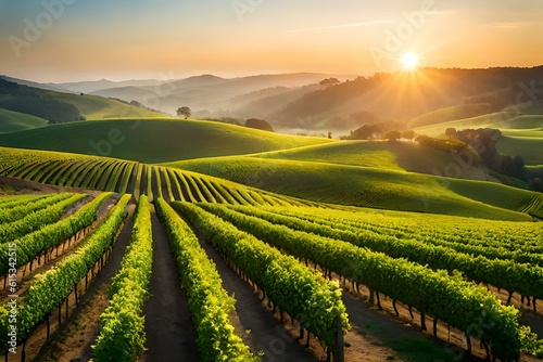 A picturesque vineyard with rows of grapevines stretching as far as the eye can see  set against a backdrop of rolling hills  