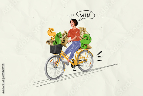 Photo placard winner collage successful sportswoman riding bicycle victory receive prize much money bags award isolated on grey background photo