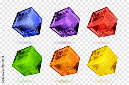 3d color glass cube box vector graphic design set. Glossy crystal square block in blue, red, orange and purple design. Abstract cool clear shiny geometric object isolated on transparent background