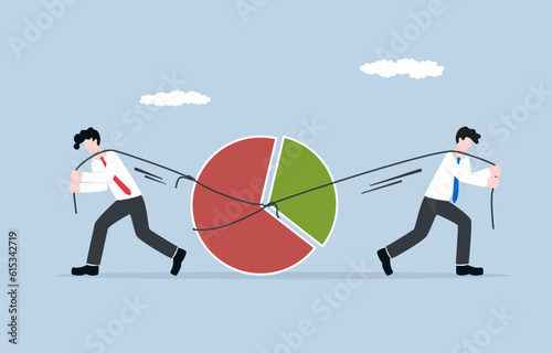 Business competition, fighting to gain more market share, competing for commercial interests concept, Businessman and rival fighting for biggest pie chart segment. photo