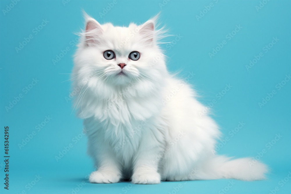 adorable cat with its blue background wall