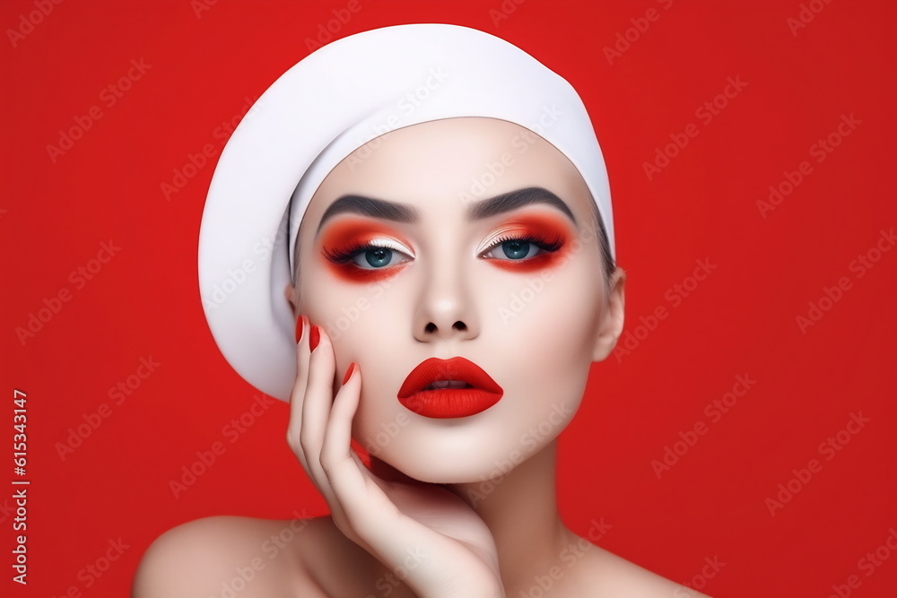 Beautiful woman with red lips and red makeup. Fashion model. White red