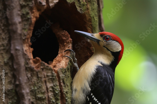 Generaive AI. a woodpecker in a tree hole
