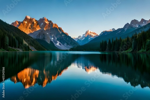 A serene mountain lake surrounded by towering snow-capped peaks and lush green forests. © Muhammad