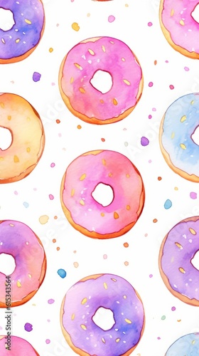 Freshly Baked Donut Pastry Background, Vertical Watercolor Illustration. Crusty Pastry, Gourmet Bakery. Ai Generated Soft Colored Watercolor Illustration with Aromatic Traditional Donut Pastry. photo