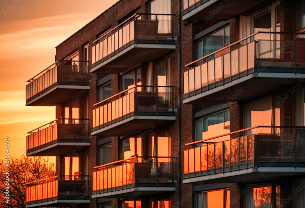 balconies on the windows of a building at sunset