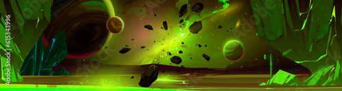 Green alien planet surface with toxic neon substance in cracks, stones scattered after explosion or collision with meteorite. Vector cartoon illustration of space apocalypse. Adventure game background