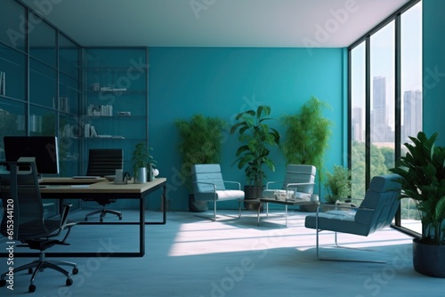 a modern simple interior office, ultra realistic, less noice, empty no person, style mix of blues and greens 32K uhd. generative ai