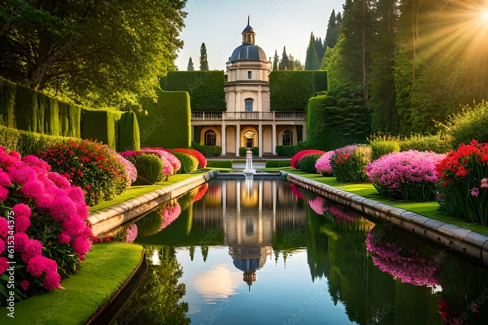 A tranquil garden with blooming flowers, manicured hedges, and a peaceful pond or fountain at its center.