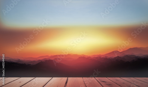 Table background copy space for your decoration and blurred landscape. Wooden product table top with blurred outdoor background. For product display. Generative AI