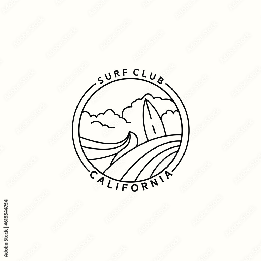 surfboard surfing line logo vector illustration design, california surf club logo design