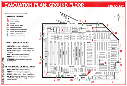 Evacuation plan for grocery store or supermarket. Fire emergency plan or egress plan. Detailed text instruction of procedures and emergency equipment locations for residents and fire department. photo