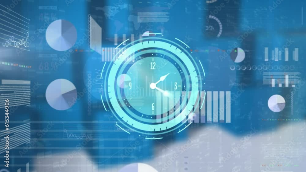 Animation of neon ticking clock and data processing against blue background Animation of neon ticking clock and data processing against blue background