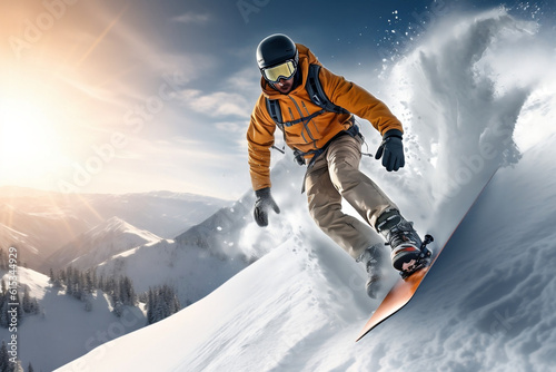 Exhilarating Winter Sports: A thrilling action shot of a snowboarder or skier performing daring tricks on snowy slopes, capturing the adrenaline and excitement of winter sports, great for sports equip