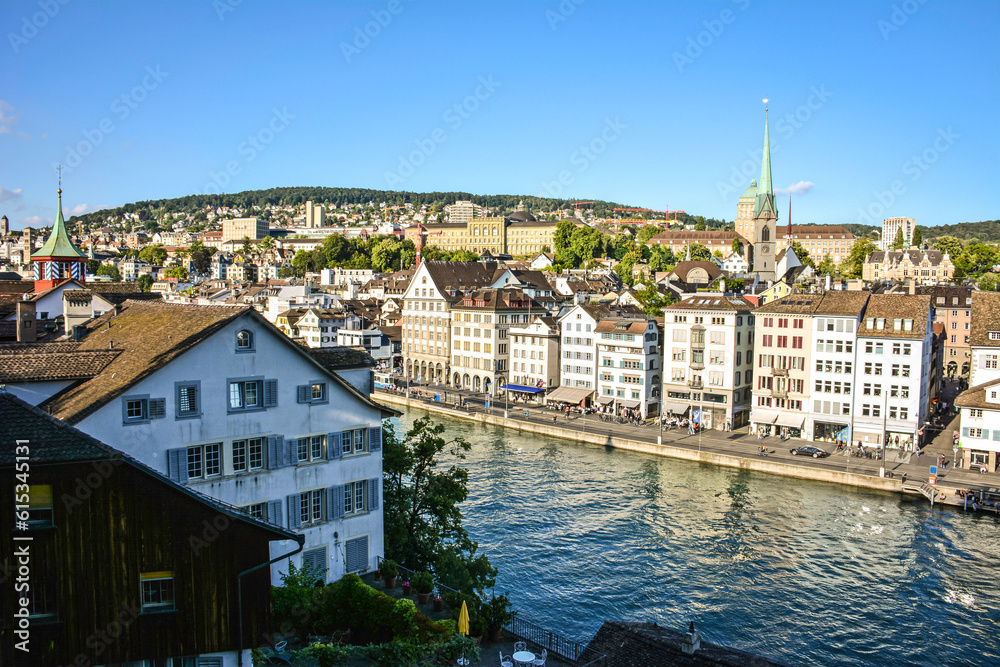 Picturesque Buildings of Zurich Old Town by Limmat River - View from Lindenhof Park
