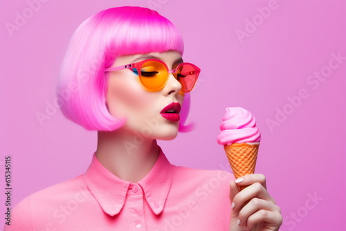 Fototapeta Beautiful woman with vivid makeup holding an ice cream
