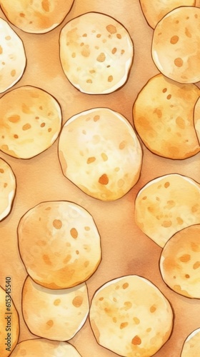 Freshly Baked Pita Flatbread Background, Vertical Watercolor Illustration. Crusty Pastry, Gourmet Bakery. Ai Generated Soft Colored Watercolor Illustration with Aromatic Traditional Pita Flatbread. photo