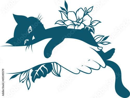 Abstract Cat Tattoo Silhouette with Floral Accent