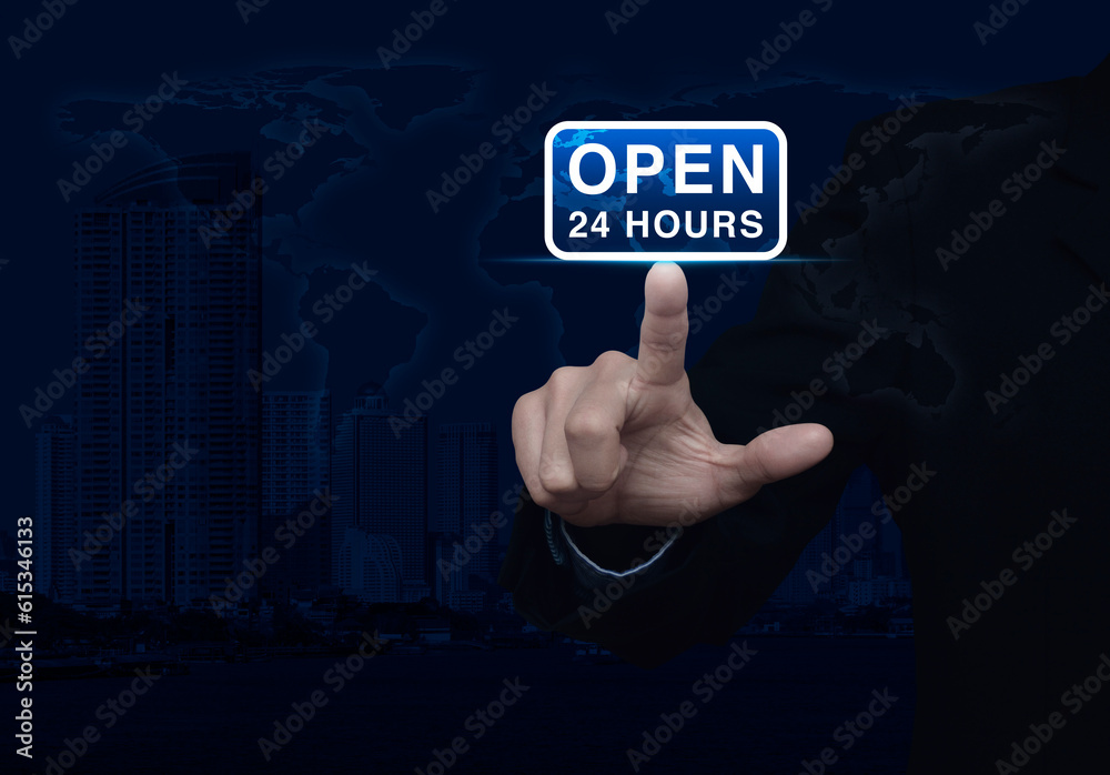 Businessman pressing open 24 hours icon over world map, modern city tower and skyscraper, Business full time service concept, Elements of this image furnished by NASA Businessman pressing open 24 hours icon over world map, modern city tower and skyscraper, Business full time service concept, Elements of this image furnished by NASA