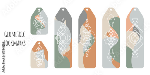Set of 6 bookmarks with colored waves and geometric elements. Elegant pastel colors. Line geometric illustration. Bookmark templates for reading. Isolated on white background.