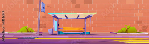 Modern bus stop against brick wall background. Vector cartoon illustration of public transport station with glass shelter, wooden bench, waste bin, blank advertising light box. Clean city street
