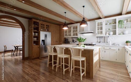 The interior of a large U-shaped kitchen with a wooden front and a large island