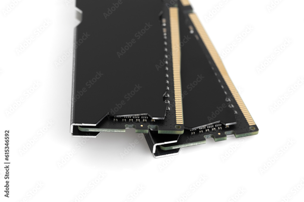 RAM for a computer on a white background. random access memory closeup isolated on white background. RAM for a computer on a white background. random access memory closeup isolated on white background.