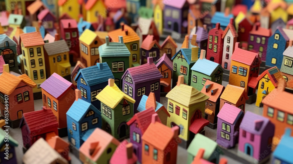 Multicolored Paper Miniature Houses In The Form Of A Small Town Created With The Help Of Artificial Intelligence