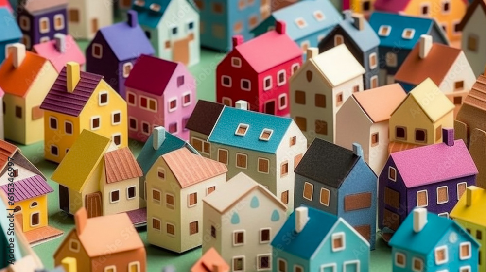 Fototapeta premium Multicolored Paper Miniature Houses In The Form Of A Small Town Created With The Help Of Artificial Intelligence