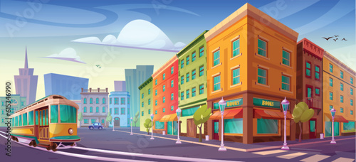 City street cartoon vector shop building with urban skyscraper view. Isometric apartment illustration near tram in town with nobody in sunny day. Retro game architecture 2d graphic wallpaper