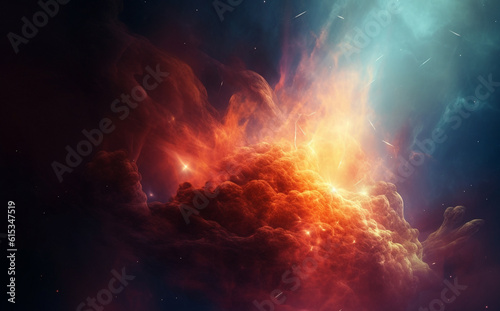 Galaxy, space and dust cloud in dark sky of astrology, universe and nebula cosmos for science research. Ai generated, color and solar system flare with supernova, explosion and cosmic gas background