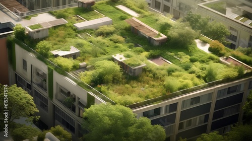 Concept of Green Roof Oases. Urban rooftops as vibrant, green spaces that contribute to biodiversity, provide cooling effects, and improve air quality. Promoting city resilience. Generative AI #615347574