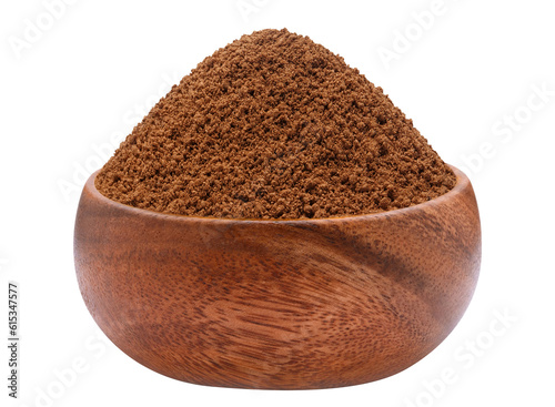 Brown powder (cocoa, coffee, chocolate or cinnamon) in a wooden bowl, cut out
