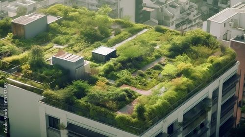 Concept of Green Roof Oases. Urban rooftops as vibrant, green spaces that contribute to biodiversity, provide cooling effects, and improve air quality. Promoting city resilience. Generative AI #615347583