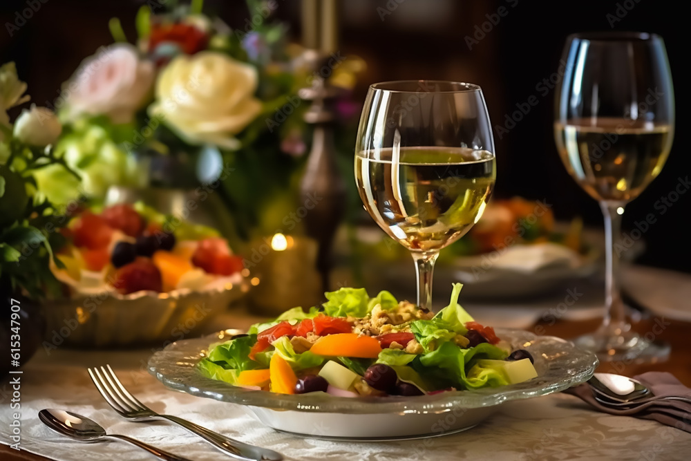 Served for a banquet table. Wine glasses with napkins, glasses and salads,Generative AI